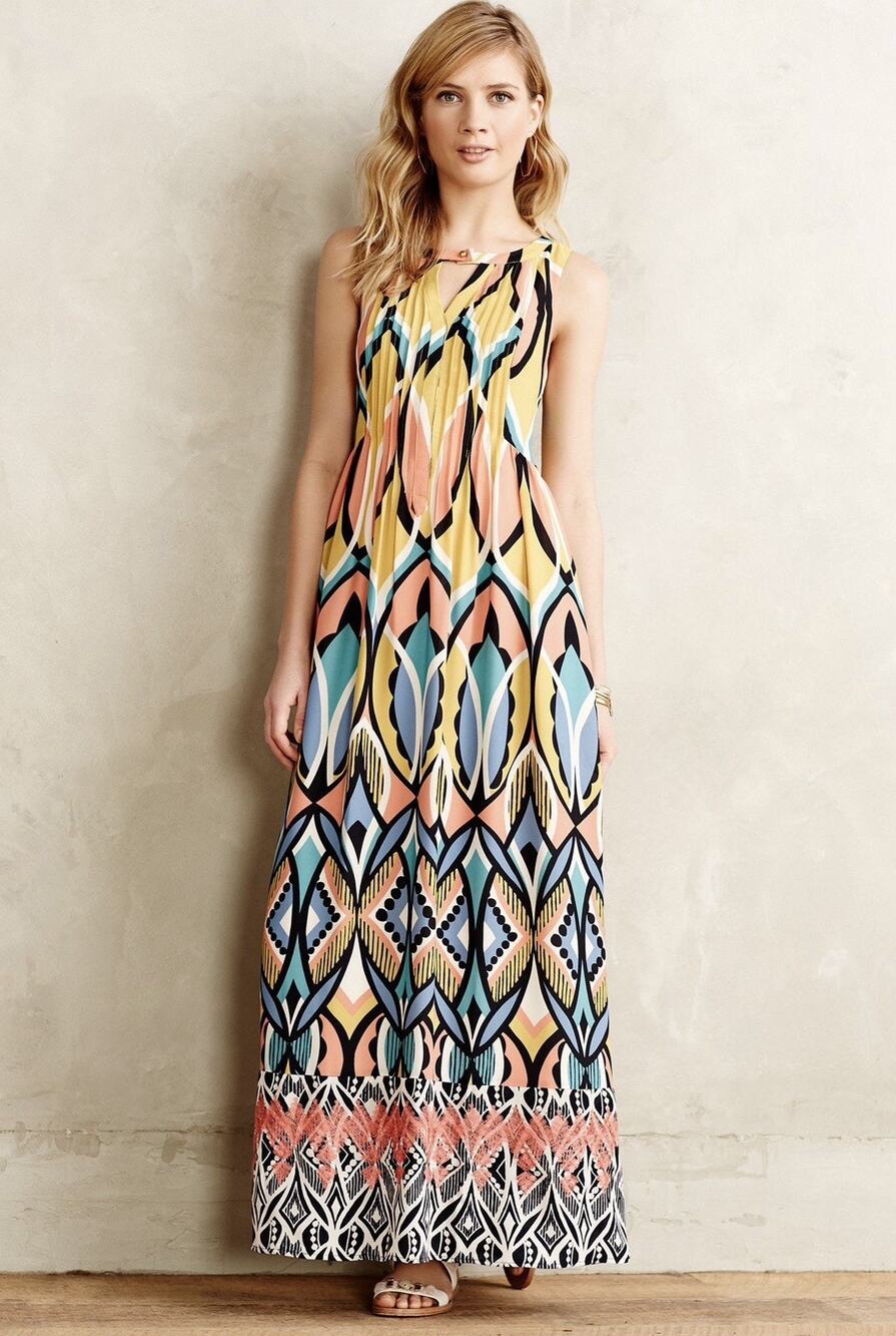 Anthropologie Floreat Dahlia Embroidered Maxi Dress Women’s Size 10 Geometric
